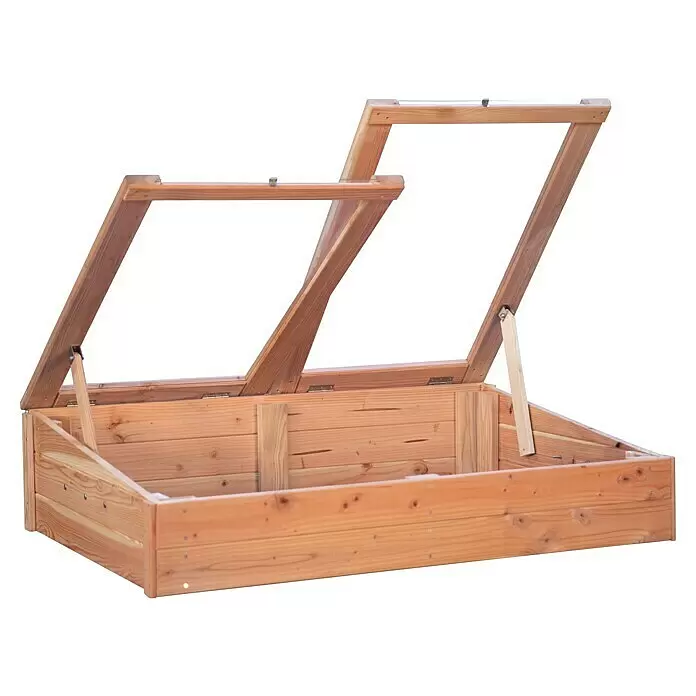 T & J Frühbeet-Aufsatz Tondern - L x B x H: 119 x 80 x 30 cm - Hölzernes Frühbeet mit zwei geöffneten, transparenten Klappdeckeln.