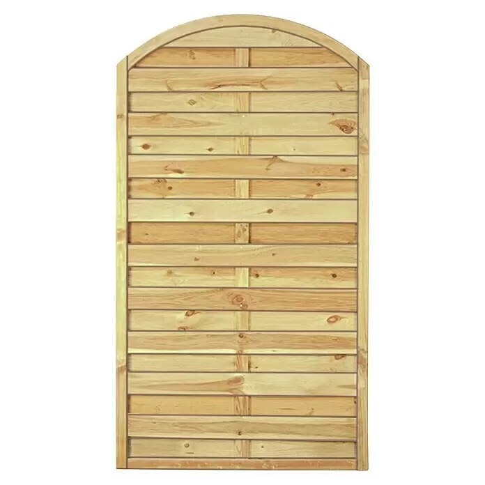 T & J Sichtschutzelement Maxi - B x H: 100 x 180 cm, Holz, Kesseldruckimprägniert Grün - Helles braunes Holzzaunfeld mit Rundbogen, horizontalen Latten und vertikalen Stützen.