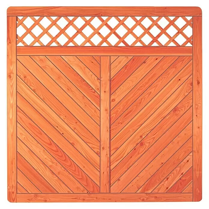 T & J Sichtschutzelement Skagen - 180 x 180 cm, Holz, Braun - Hellbraunes Holzzaunelement mit Rautenrankgitter oben und diagonalen Chevron-Lamellen unten.