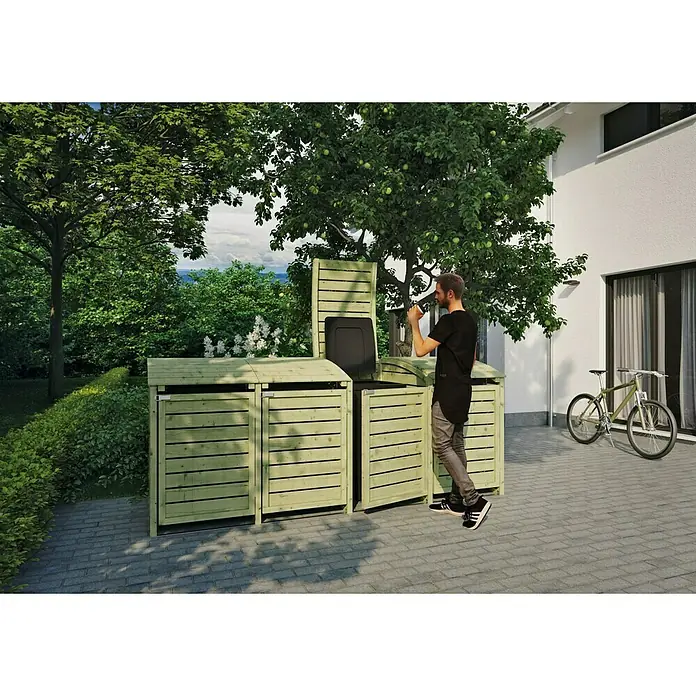 T & J Mülltonnenbox Henri300 x 90 cm, Holz, Natur, Geeignet für Anzahl Mülltonnen: 4 Stk. - Der Holz Mülltonnenbox bietet eine praktische und ästhetische Lösung zur Aufbewahrung von Mülltonnen im Freien.