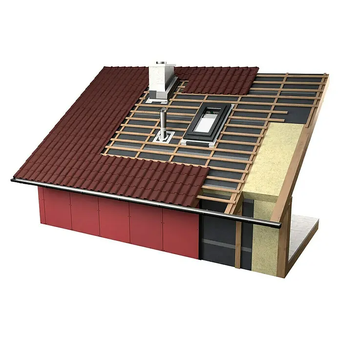 Probau Dachunterdeckbahn - 15 m², 10 x 1,5 m, Polypropylen-Spinnvlies - Das Bild zeigt ein Haus im Schnitt, bei dem Dachziegel, Wärmedämmung und Dachfenster zu sehen sind. Ein Schornstein ragt hervor.