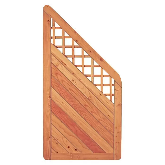 T & J Sichtschutzelement Skagen - 90 x 90/180 cm, Holz, Braun - Helles Holzgatterpaneel mit diagonalen Lamellen und einem Spalieroberteil, mit abgerundeter Ecke.