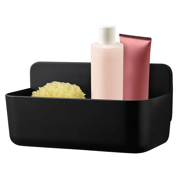 Tesa Cesta de baño Lavaa M - 26 x 11 x 13 cm, Plástico, Negro - Cesta de ducha negra con esponja, loción y tubo para un almacenamiento ordenado en el baño.