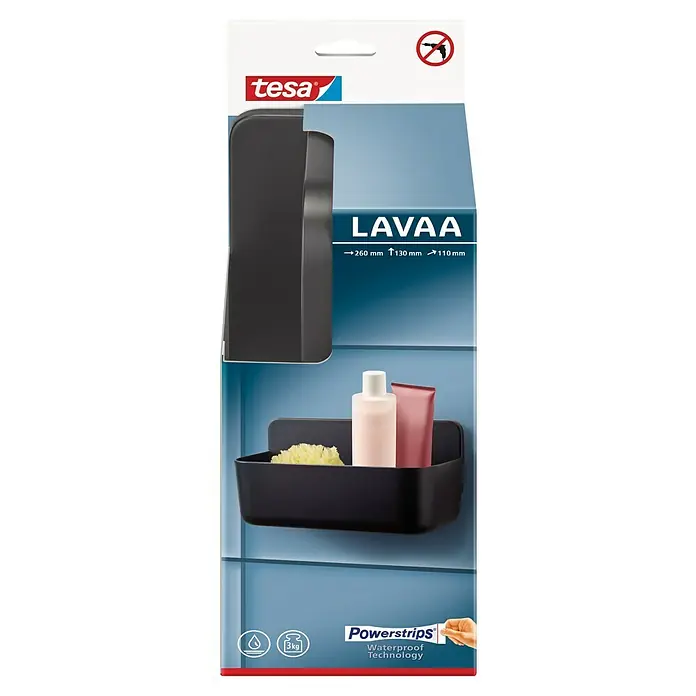 Tesa Duschkorb Lavaa - 26 x 11 x 13 cm, Schwarz, Matt - Das Tesa Lavaa Duschregal in Anthrazit, eine stilvolle und praktische Lösung für Badezimmeraccessoires ohne Bohren.
