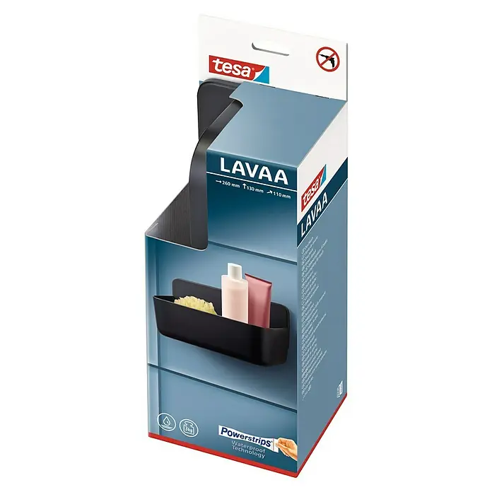 Tesa Cesta de baño Lavaa M - 26 x 11 x 13 cm, Plástico, Negro - Foto de producto de una estantería de ducha Tesa Lavaa en embalaje con accesorios. La estantería es negra y apta para montar sin taladrar.