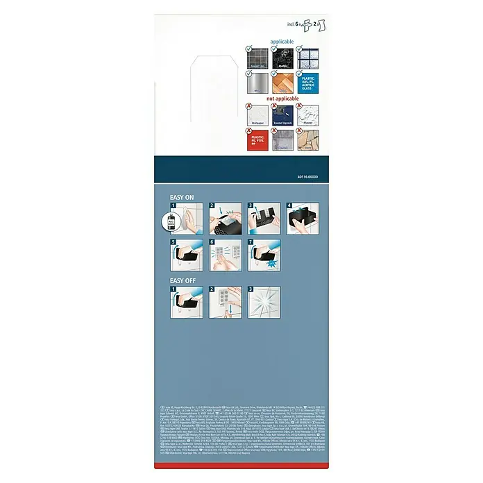 Tesa Cesta de baño Lavaa M - 26 x 11 x 13 cm, Plástico, Negro - Embalaje del producto con instrucciones de montaje y áreas de aplicación para diversas superficies.