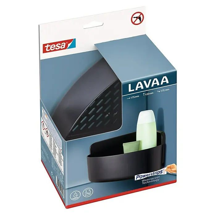 Tesa Cesta de baño angular Lavaa S - 17,5 x 17,5 x 12 cm, Plástico, Negro - Imagen de una cesta de ducha Tesa Lavaa con tecnología Powerstrips Waterproof. La cesta es negra y se muestra en el embalaje del producto.