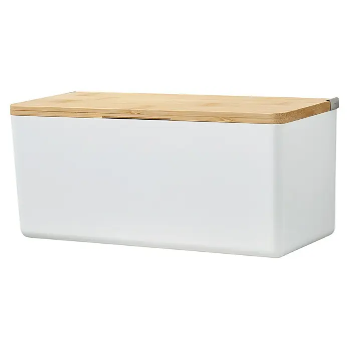 Tesa Caja de almacenaje Baboo M - L x An x Al: 24,2 x 10,2 x 11 cm, Plástico, Blanco y bambú - Panera blanca con tapa de bambú. La caja es rectangular con esquinas redondeadas. La tapa es de madera de bambú clara.
