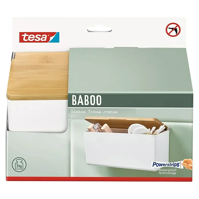 Tesa Caja de almacenaje Baboo M - L x An x Al: 24,2 x 10,2 x 11 cm, Plástico, Blanco y bambú - La estantería de baño Tesa Baboo para guardar utensilios de baño. Fácil de colocar sin taladrar gracias a la tecnología Powerstrips Waterproof.