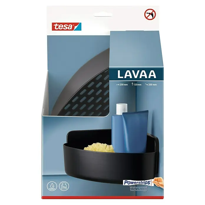 Tesa Eckduschkorb Lavaa - 20 x 20 x 12 cm, Schwarz, Matt - Produktverpackung für ein schwarzes Tesa Lavaa Eckregal mit Powerstrips Waterproof Technology.