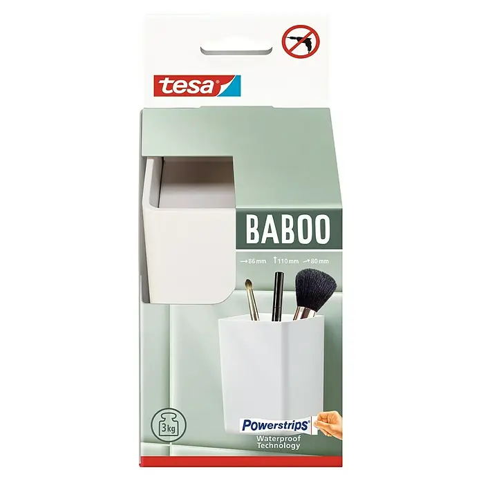 Tesa Caja de almacenaje sin tapa Baboo - L x An x Al: 8,6 x 8 x 11 cm, Plástico, Blanco - Imagen del producto del organizador de pared Tesa Baboo, ideal para artículos de baño. Instalación fácil sin taladro con tecnología Powerstrips Waterproof. Soporta hasta 3 kg.