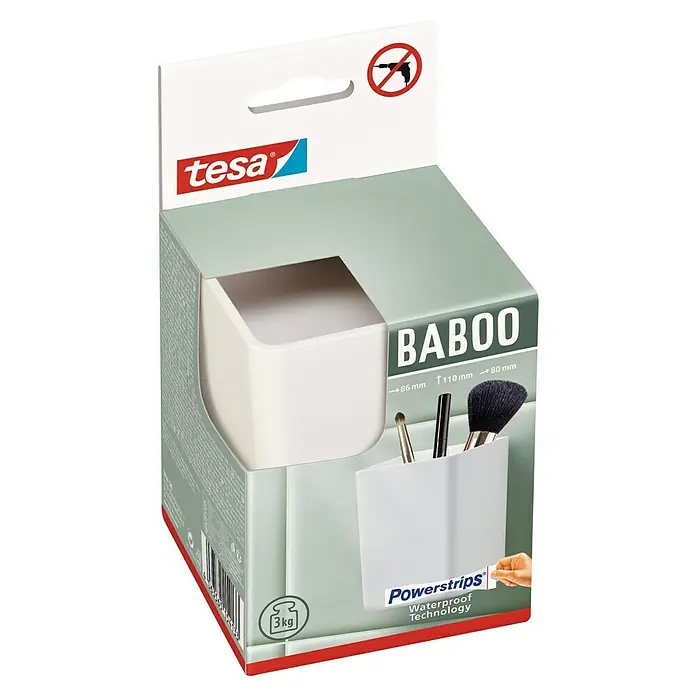 Tesa Caja de almacenaje sin tapa Baboo - L x An x Al: 8,6 x 8 x 11 cm, Plástico, Blanco - Imagen del producto de una caja de almacenamiento Tesa Baboo con tecnología Powerstrips, impermeable, para baño o cocina, fácil de instalar sin taladrar.