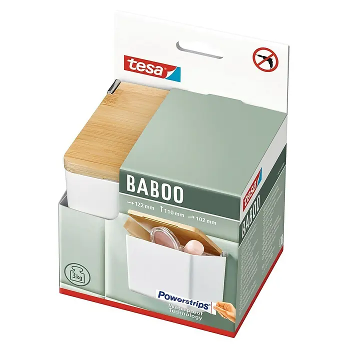 Tesa Caja de almacenaje Baboo S - L x An x Al: 12,2 x 10,2 x 11 cm, Plástico, Blanco - La estantería de baño Tesa Baboo con Powerstrips® Waterproof Technology, ideal para ambientes húmedos. La combinación de bambú y blanco ofrece una solución de almacenamiento elegante.