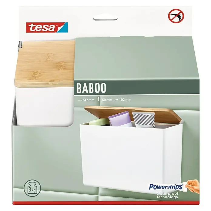Tesa Caja de almacenaje Baboo XL - L x An x Al: 24,2 x 10,2 x 16 cm, Plástico, Blanco - Imagen del producto del sistema de almacenamiento Tesa Baboo con tapa de bambú, ideal para accesorios de baño, presentado en un embalaje elegante.