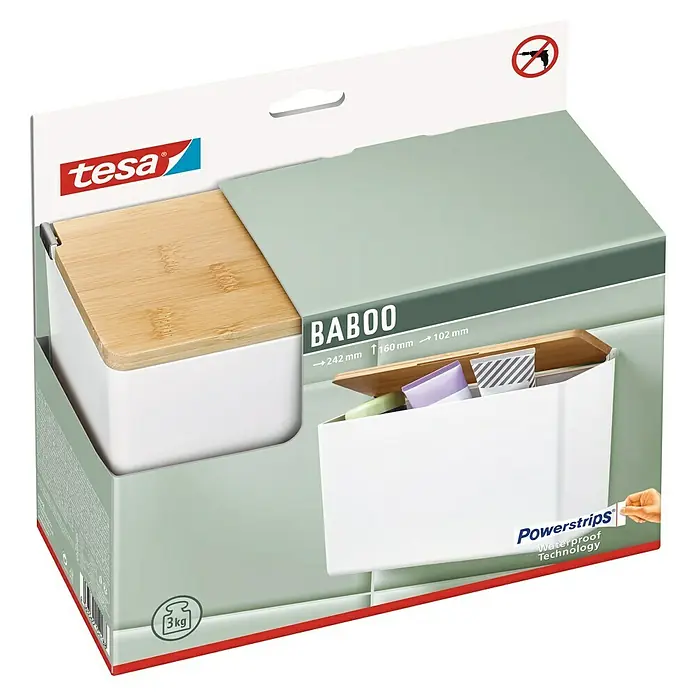 Tesa Caja de almacenaje Baboo XL - L x An x Al: 24,2 x 10,2 x 16 cm, Plástico, Blanco - Embalaje del producto Tesa Baboo con accesorios de baño de plástico blanco y tapa de bambú, impermeable, sin perforación.
