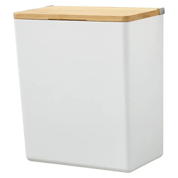Tesa Caja de almacenaje Baboo L - L x An x Al: 21 x 10,2 x 18,2 cm, Plástico, Blanco - Cubo de basura blanco con tapa de madera clara. El elegante cubo de basura encaja perfectamente en baños y cocinas modernos.