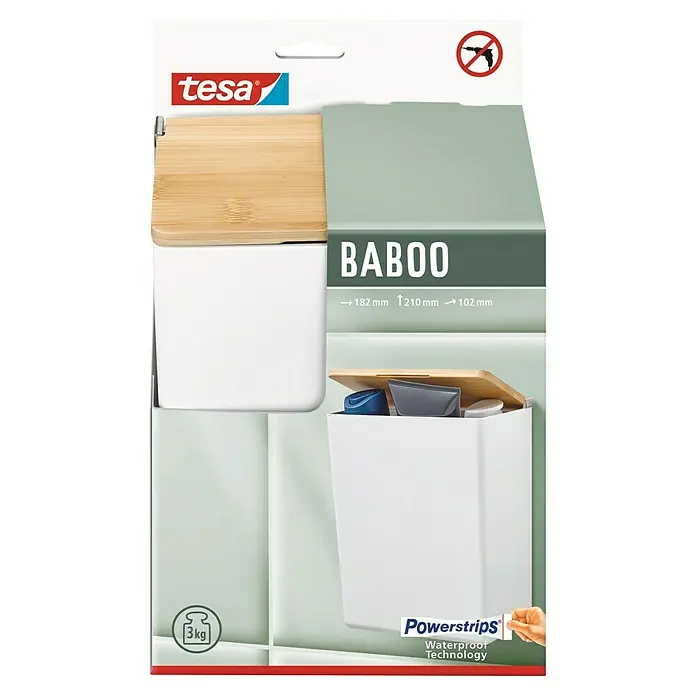 Tesa Caja de almacenaje Baboo L - L x An x Al: 21 x 10,2 x 18,2 cm, Plástico, Blanco - Imagen del contenedor de almacenamiento para baño Tesa Baboo con tapa de madera, que se fija mediante Powerstrips impermeables.