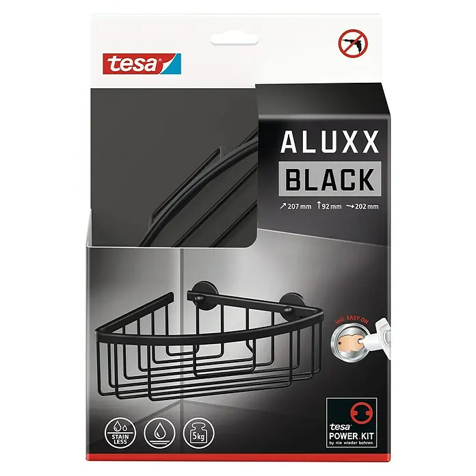 Tesa Aluxx Cesta de baño angular Aluxx - 20,2 x 20,7 x 9,2 cm, Aluminio, Cromo - Imagen del estante de ducha esquinero Tesa Aluxx Black con tecnología Power.Kit, para montaje sin taladrar. El producto está hecho de materiales de alta calidad.