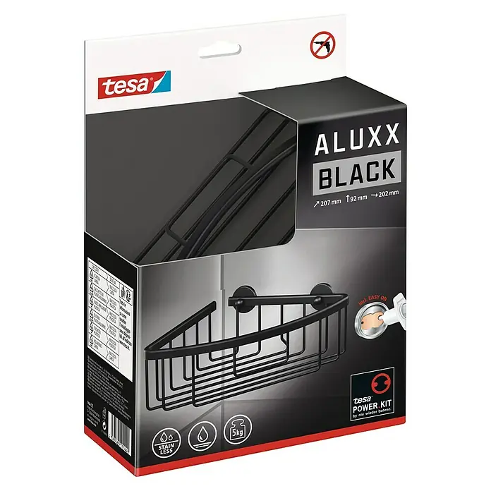 Tesa Aluxx Cesta de baño angular Aluxx - 20,2 x 20,7 x 9,2 cm, Aluminio, Cromo - Imagen de la estantería de esquina para ducha Tesa Aluxx Black en su embalaje, mostrando dimensiones de 207 x 92 x 202 mm y fácil montaje.