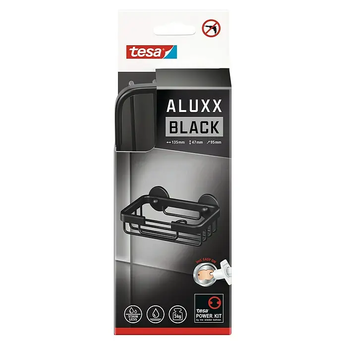 Tesa Aluxx Jabonera Aluxx - 9,5 x 13,5 x 4,7 cm, Aluminio, Cromo - Embalaje del producto para una cesta de ducha Tesa Aluxx Black para montaje en pared sin taladrar con tecnología adhesiva Power.Kit.