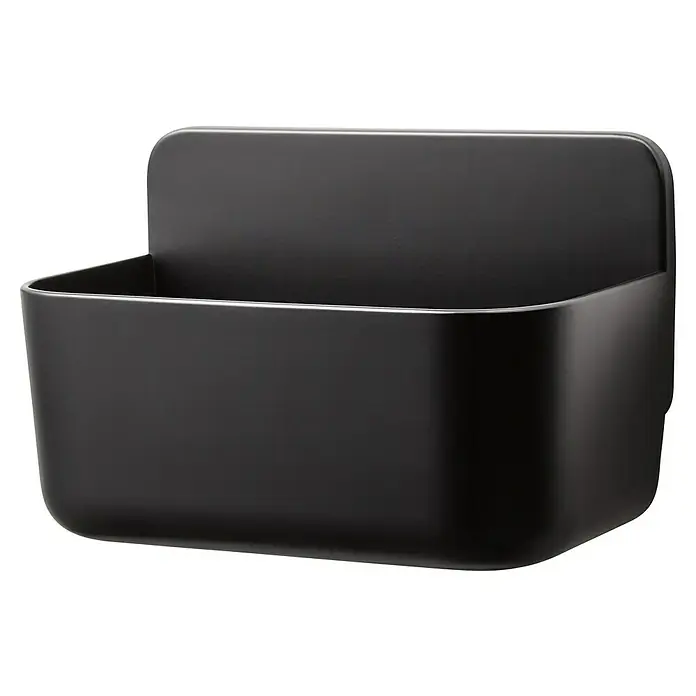 Tesa Cesta de baño Lavaa S - 20 x 11 x 13 cm, Plástico, Negro - Contenedor de almacenamiento negro para montaje en pared, ideal para material de oficina o utensilios de cocina, ofreciendo almacenamiento y organización prácticos.