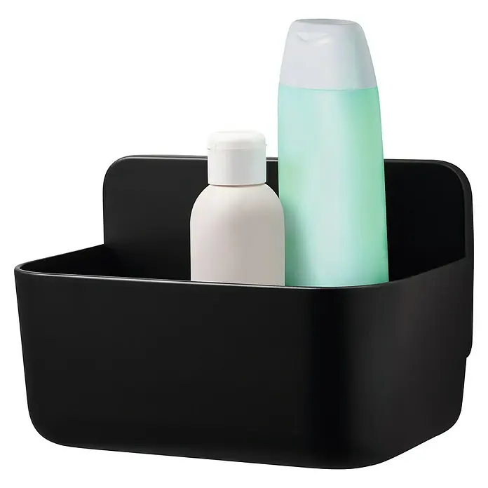 Tesa Duschkorb Lavaa - 20 x 11 x 13 cm, Schwarz, Matt - Ein schwarzer Badezimmer-Organizer mit zwei Flaschen darin. Ideal zur Aufbewahrung von Duschutensilien, mit einer praktischen und stilvollen Lösung.