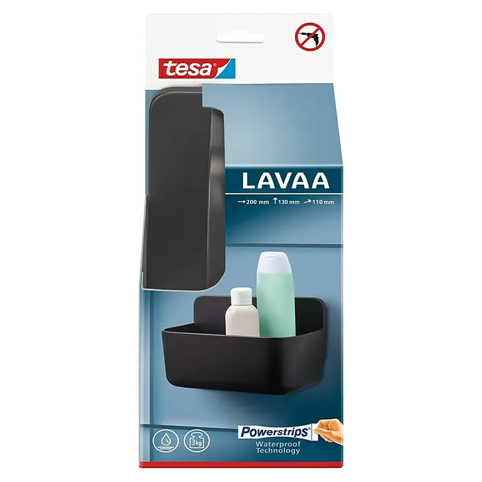 Tesa Cesta de baño Lavaa S - 20 x 11 x 13 cm, Plástico, Negro - La estantería de baño negra Tesa Lavaa ofrece un elegante almacenamiento sin taladrar, gracias a la tecnología Powerstrips impermeable, ideal para utensilios de baño.