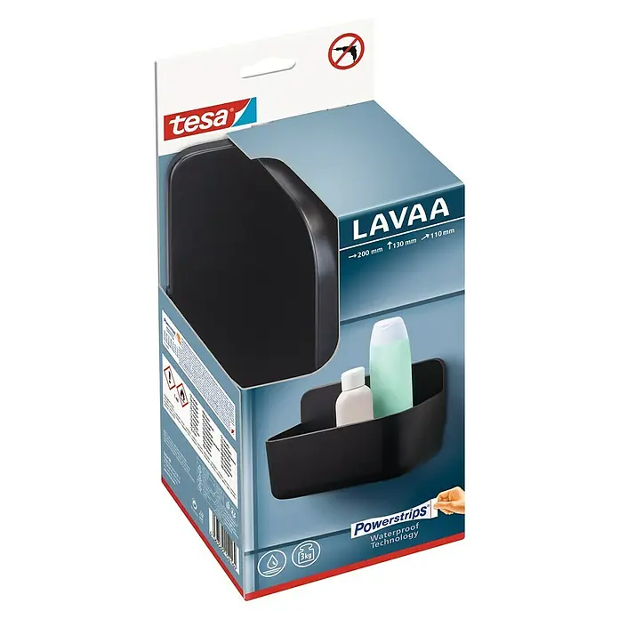 Tesa Cesta de baño Lavaa S - 20 x 11 x 13 cm, Plástico, Negro - Embalaje del producto para un estante esquinero negro Tesa Lavaa con tecnología Powerstrips, impermeable, soporta hasta 3 kg, sin taladrar.