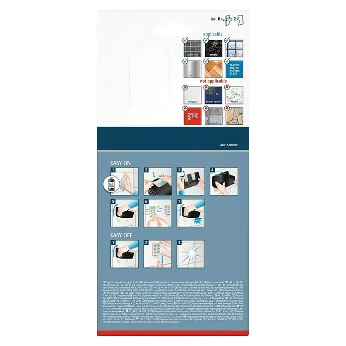 Tesa Cesta de baño Lavaa S - 20 x 11 x 13 cm, Plástico, Negro - Embalaje del producto que muestra las instrucciones de montaje y las áreas de aplicación para varias superficies.