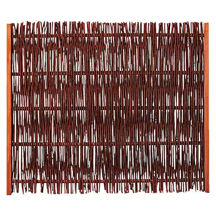 T & J Sichtschutzelement Fuego - 120 x 100 cm, Weide, Braun - Dunkelbrauner geflochtener Weidenzaun-Panel mit Holzpfosten.