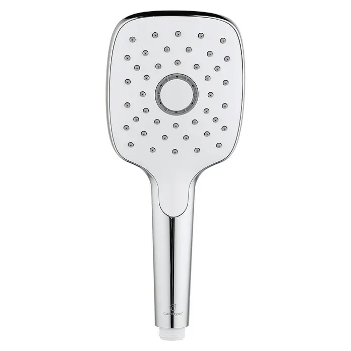 Camargue Handbrause Savica - Anzahl Funktionen: 1 Stk., Chrom - Nahaufnahme eines quadratischen Chrom-Duschkopfs mit mehreren Düsen und einem ergonomischen Griff für ein modernes Badezimmerdesign.