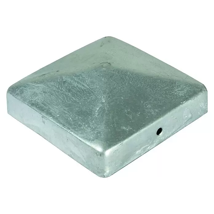 T & J Pfostenkappe Pyramide - 7 x 7 cm, Metall - Verzinkte quadratische Pfostenkappe mit Pyramidenoberseite und kleinem Seitenloch.