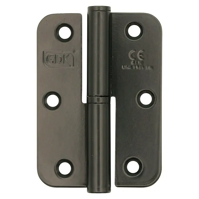 GDK Bisagra plana - L x An: 12,5 x 65 mm, Negro, Puertas de izquierda, Forma placa: Redonda - Una bisagra de puerta negra que conecta dos placas y una barra central. La bisagra tiene esquinas redondeadas y orificios para el montaje.