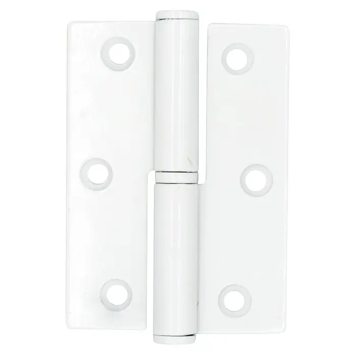GDK Bisagra plana - L x An: 12,5 x 65 mm, Blanco, Puertas de derecha, Forma placa: Cuadrado - Primer plano de una bisagra de puerta blanca con placas rectangulares y puntos de pivote redondos, ideal para interiores modernos.