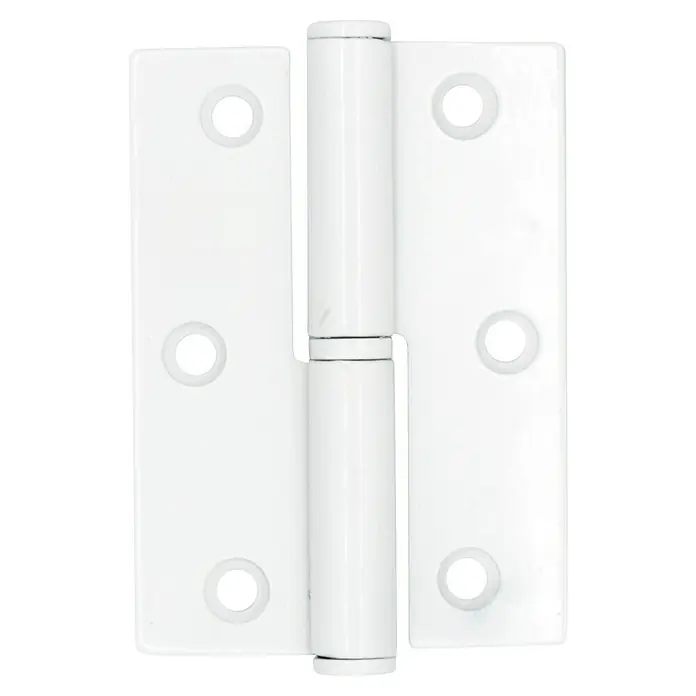 GDK Bisagra plana - L x An: 12,5 x 65 mm, Blanco, Puertas de izquierda, Forma placa: Cuadrado - Primer plano de una bisagra de puerta blanca con orificios perforados, que garantiza estabilidad e integración estética en puertas.