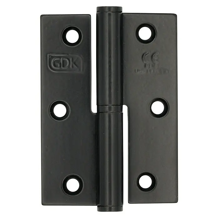 GDK Bisagra plana - L x An: 12,5 x 65 mm, Negro, Puertas de izquierda, Forma placa: Cuadrado - Primer plano de una bisagra de puerta negra. La bisagra es de metal y tiene seis agujeros para los tornillos.