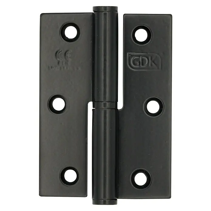 GDK Bisagra plana - L x An: 12,5 x 65 mm, Negro, Puertas de derecha, Forma placa: Cuadrado - Primer plano de una bisagra negra para puerta que muestra los orificios para los tornillos y las marcas CE y GDK en sus placas.
