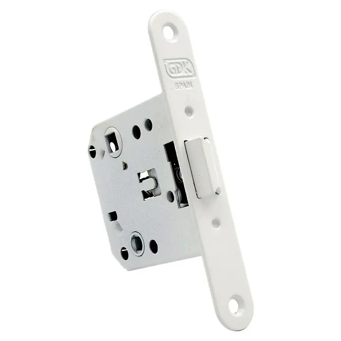 GDK Picaporte P47BLBK - An x Al: 20 x 135 mm, Blanco - Primer plano de una cerradura de embutir blanca GDK España, destacando sus detalles y la marca.