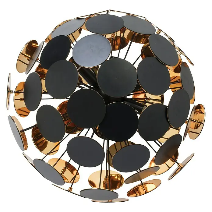 Reality Leuchten Pendelleuchte rund Discalgo40 W, Ø x H: 54 x 150 cm, Schwarz, Gold, E14 - Stilvolle Deckenleuchte mit schwarzen und goldenen Kreiselementen, die ein modernes und elegantes Ambiente schafft.\n