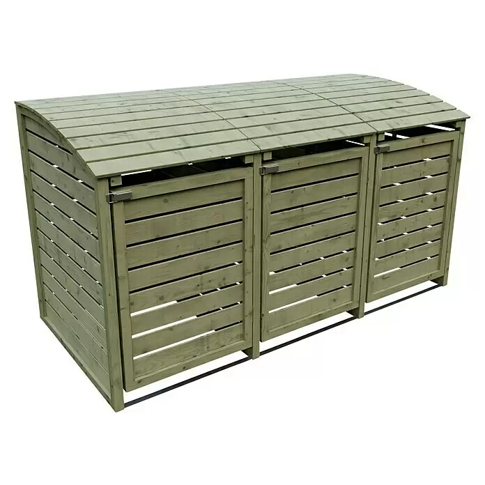 T & J Mülltonnenbox Henri - 225 x 90 cm, Holz, Natur, Geeignet für Anzahl Mülltonnen: 3 Stk. - Hellgrüne Mülltonnenbox aus Holz mit drei Fächern und gewölbten Lattenrostdächern.