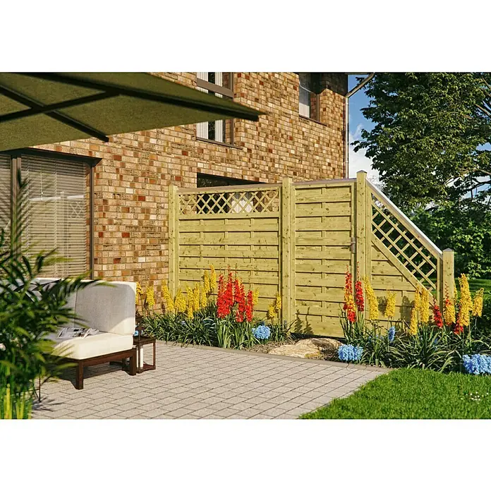 T & J Sichtschutzelement Avantgarde - 100 x 180 cm, Holz, Kesseldruckimprägniert - Holzzaun mit dekorativem Lattenmuster und bunten Blumenbeeten, die eine gemütliche Gartenecke schaffen. Ideal für Privatsphäre und als Blickfang im Garten.