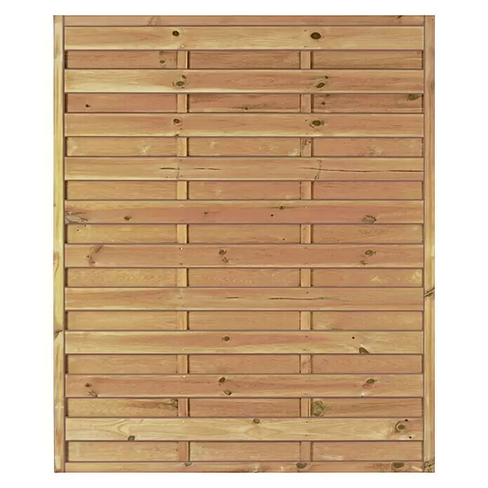T & J Sichtschutzelement Maxi Massiv - 150 x 180 cm, Holz, KDI Grün - Hellbraunes Holzzaunelement mit horizontalen Latten und schmalen vertikalen Pfosten.
