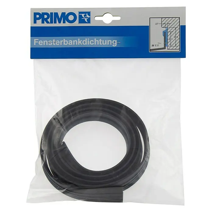 Primo Fensterbankdichtung - Schwarz, 1,5 m - Produktfoto einer Fensterbankdichtung von Primo in einer transparenten Verpackung.
