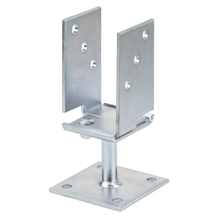 Stabilit Stützenschuh - L x B x H: 70 x 70 x 115 mm, Stahl - Metallpfostenanker mit U-Form und Befestigungslöchern auf quadratischer Basis für Holzkonstruktionen im Außenbereich.