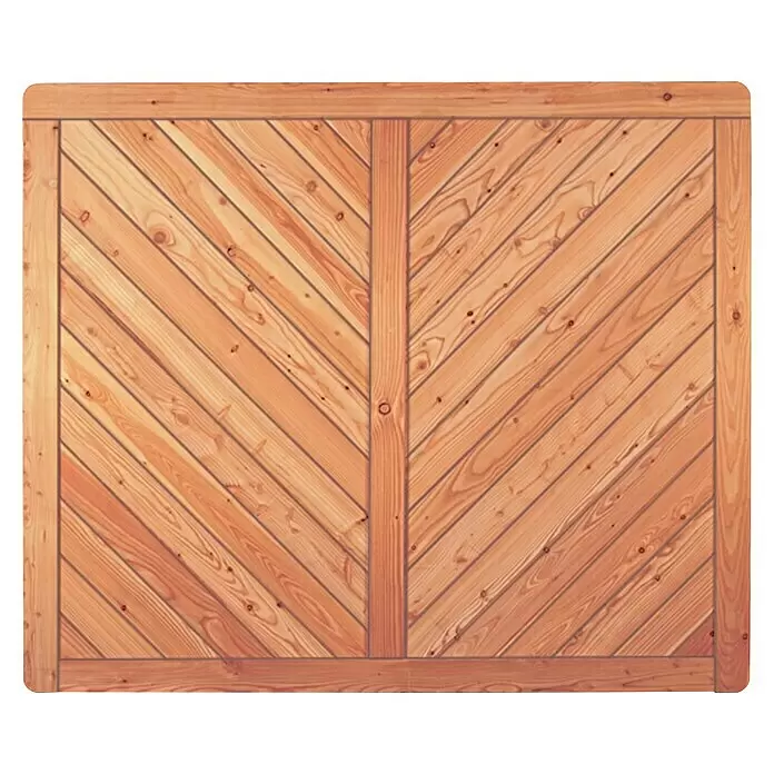 T & J Sichtschutzelement Esbjerg - 180 x 150 cm, Holz, Natur - Hellbraune Holzplatte mit Chevron-Muster aus diagonalen Brettern, umrahmt von geraden Brettern.