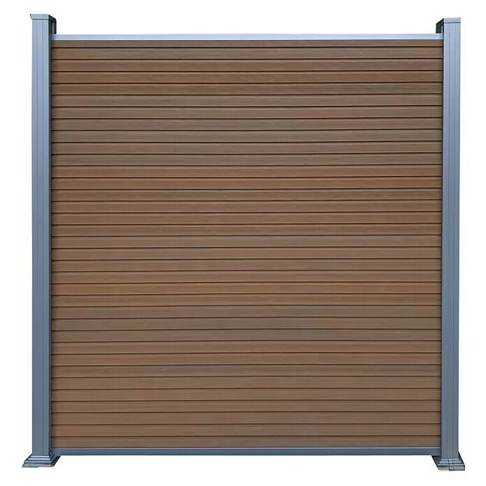 T & J Sichtschutzelement Waren - 179 x 180 cm, Teak - Braune WPC-Sichtschutzwand mit grauen Aluminiumpfosten.
