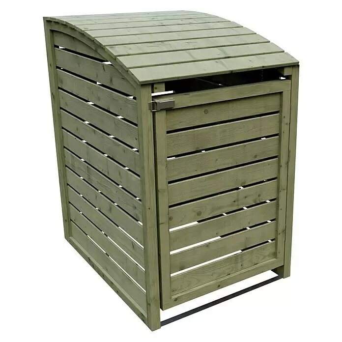 T & J Mülltonnenbox Henri - 75 x 90 cm, Holz, Natur, Geeignet für Anzahl Mülltonnen: 1 Stk. - Hellegrüner Holz-Mülltonnenunterstand mit gebogenem Lamellendach und Fronttür, zur Mülltonnenaufbewahrung im Freien.