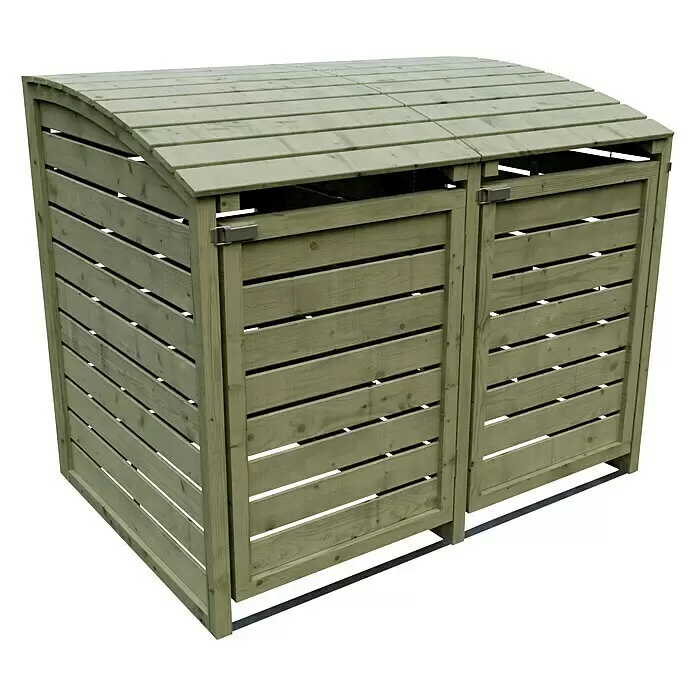 T & J Mülltonnenbox Henri - 150 x 90 cm, Holz, Natur, Geeignet für Anzahl Mülltonnen: 2 Stk. - Zweitüriger hellgrüner Holzabfallbehälterschuppen mit gebogenem Dach.