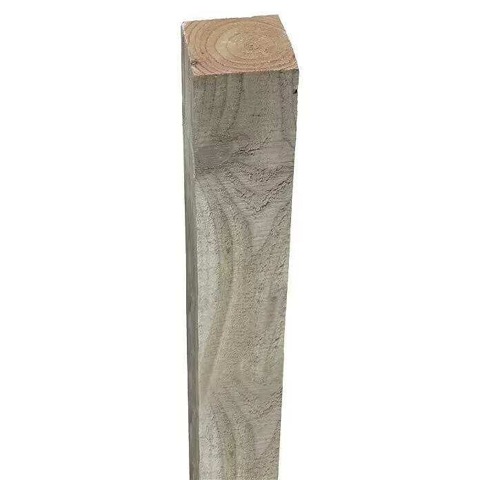 T & J Zaunpfosten - Höhe: 210 cm, Holz - Behandelter quadratischer Holzpfosten mit sichtbarer Holzmaserung und Jahresringen.