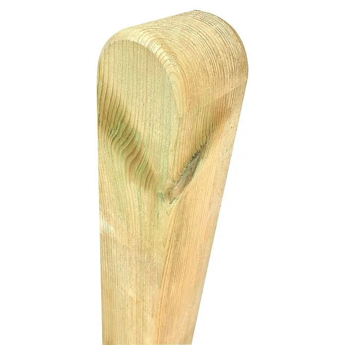 T & J Zaunpfosten - Höhe: 165 cm, Kesseldruckimprägniert grün, Holz - Nahaufnahme eines kesseldruckimprägnierten Holzpfostens mit abgerundetem Ende, ideal für Zäune und Außenprojekte.